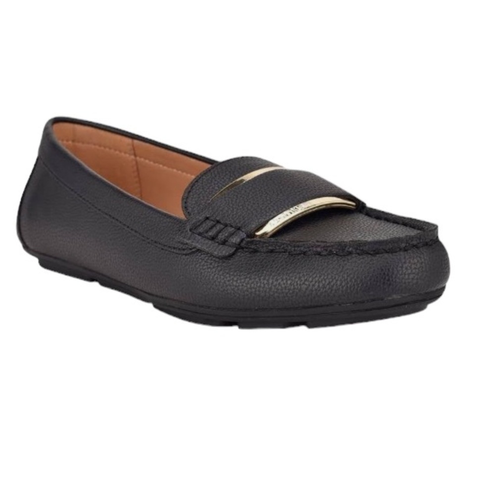 Calvin Klein Black Leather Driving Loafers with Gold Accent